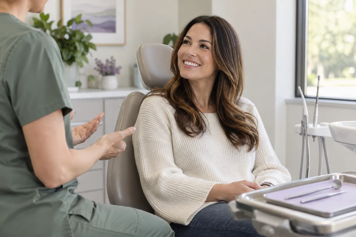 A patient discussing a routine dental checkup with a dental professional.