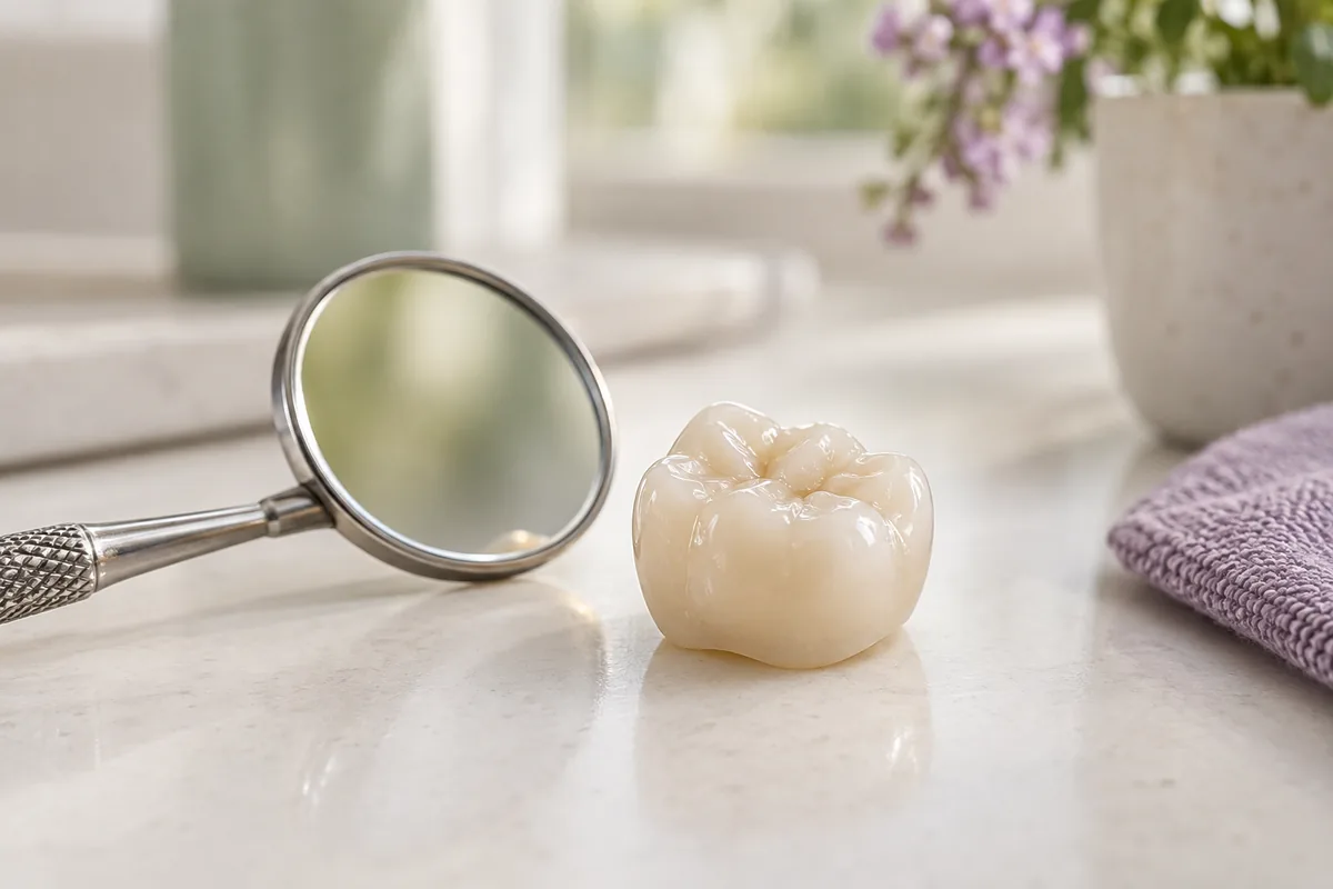 A tooth-colored dental crown beside a dental mirror.