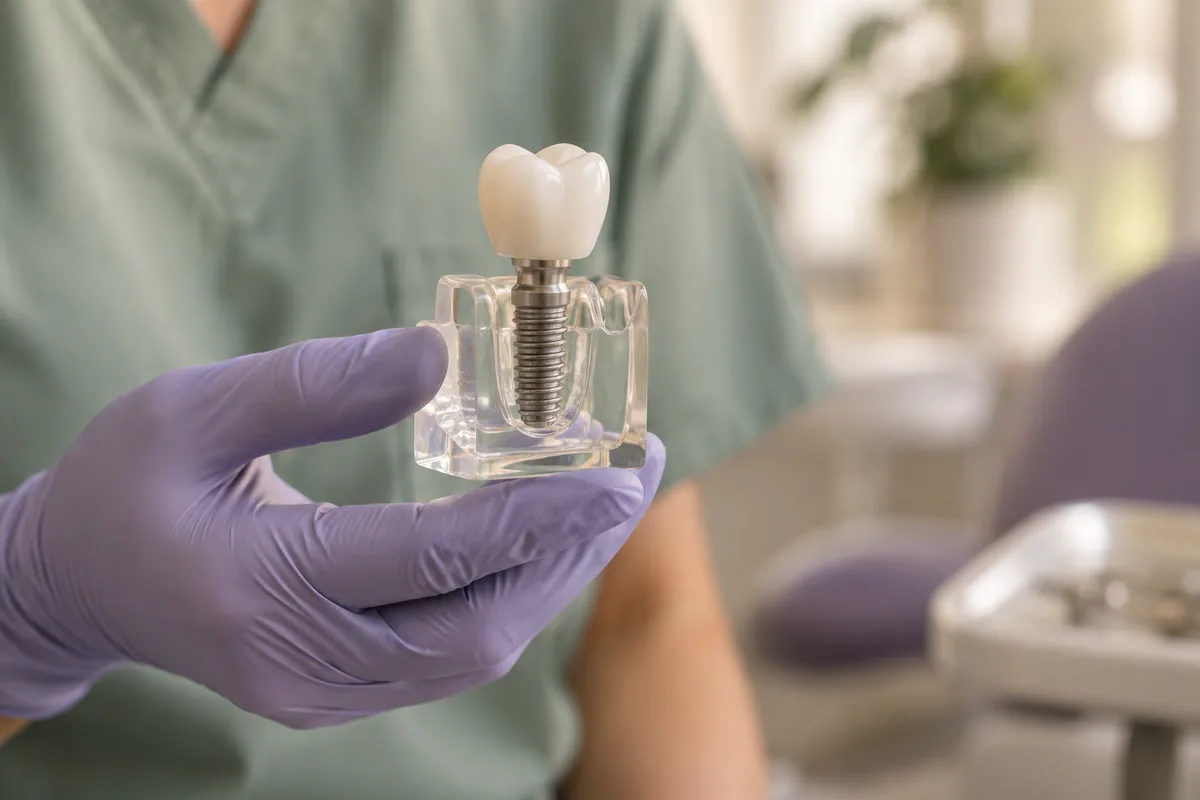 A dental implant demonstration model used to explain tooth replacement.
