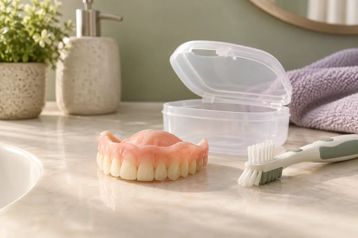 A removable denture with a storage case and cleaning brush.