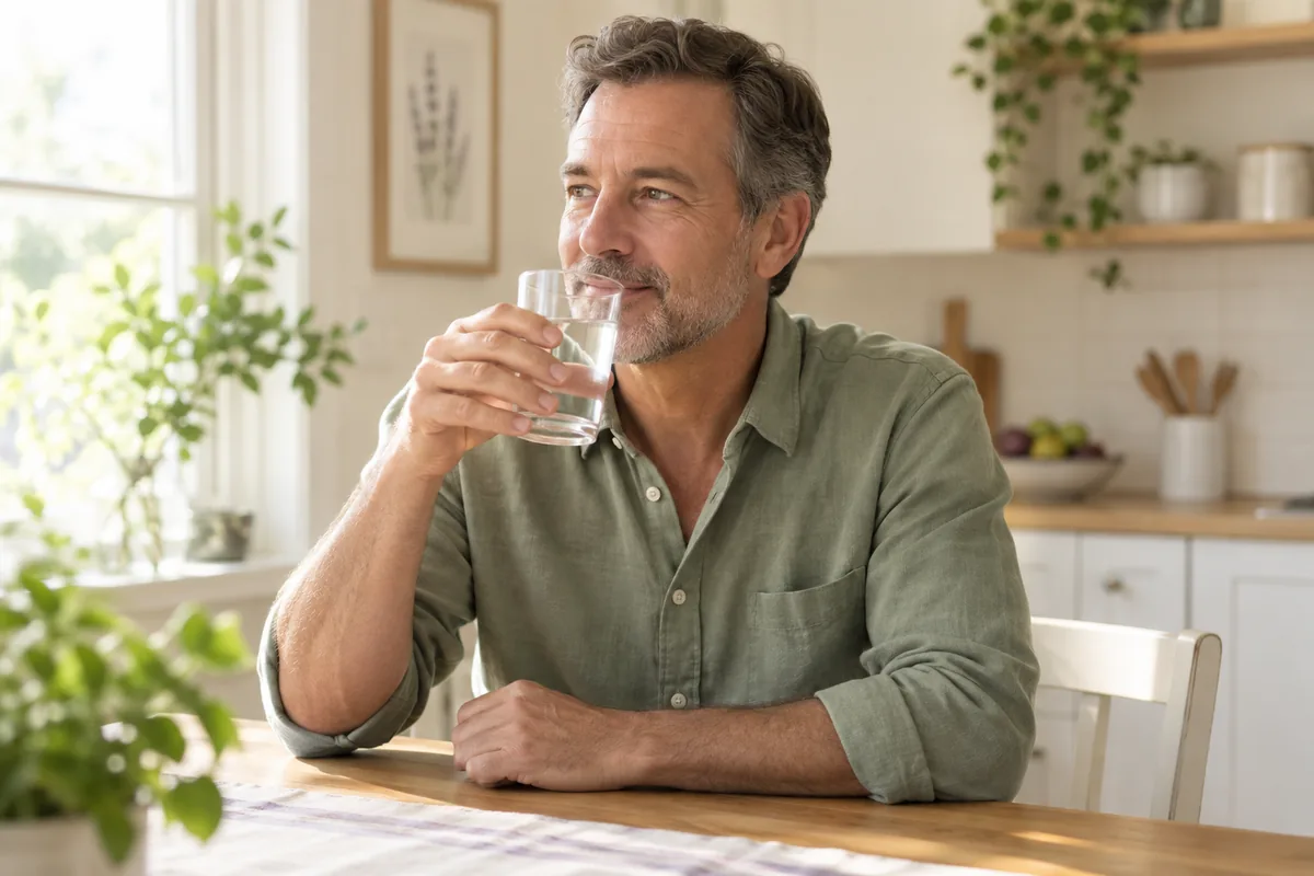 A man drinking water during his daily routine.