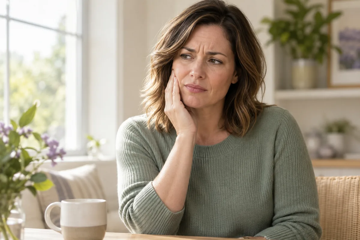 A woman holding her cheek while experiencing a toothache.