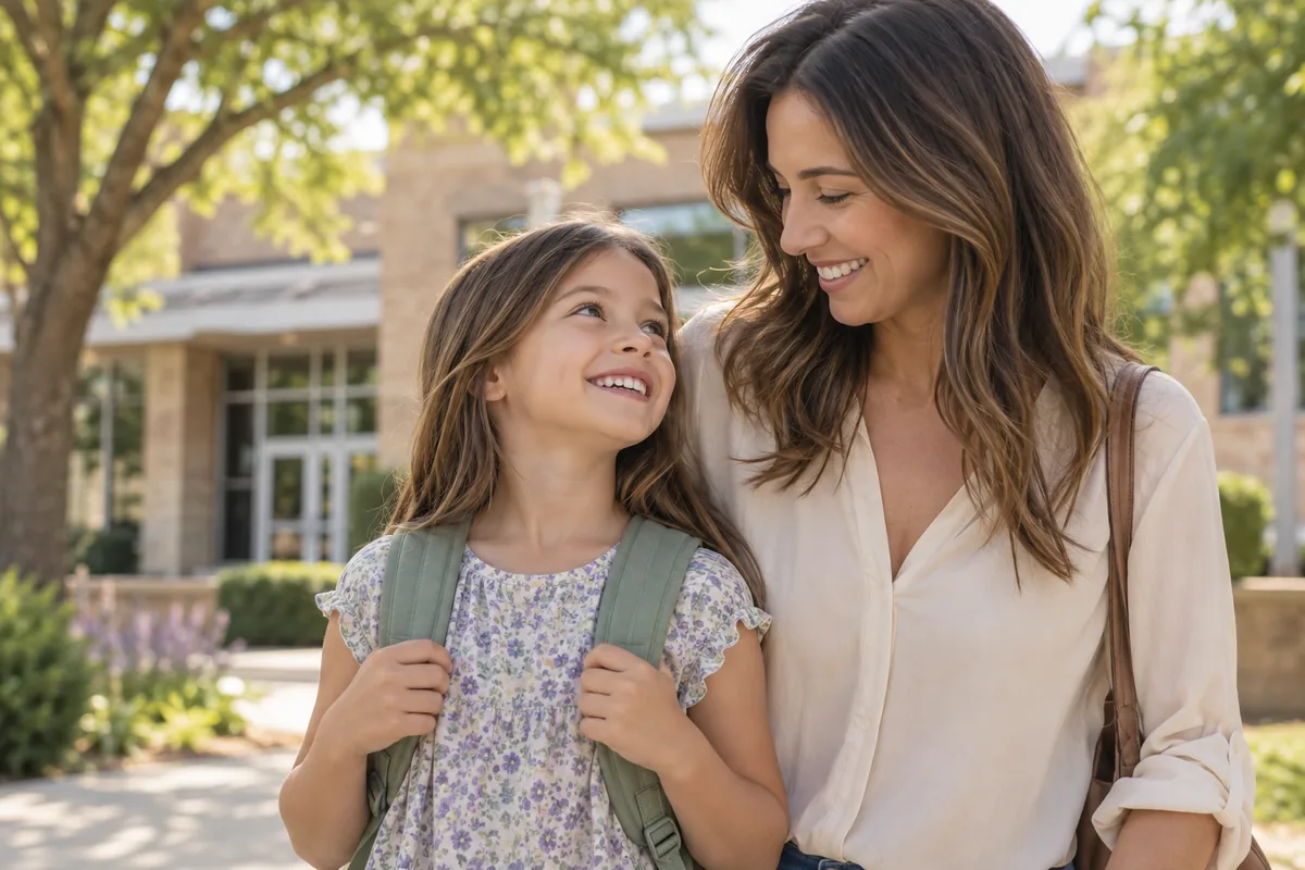 A parent and child preparing for the school day.