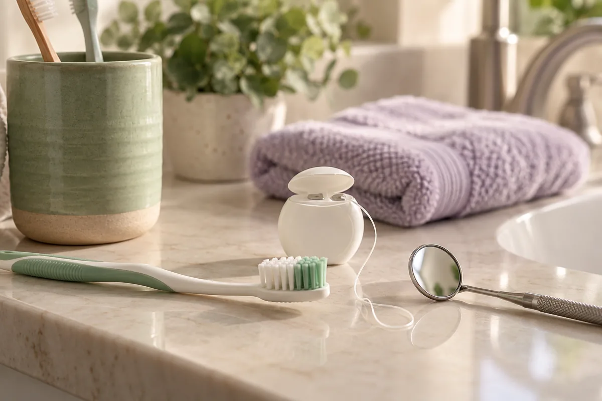 A soft toothbrush, dental floss, and dental mirror for daily gum care.